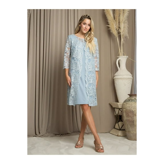 Women's Eva USA 3479 Knee-Length Mother Of Groom Cocktail Jacket Dress Dusty Blue M
