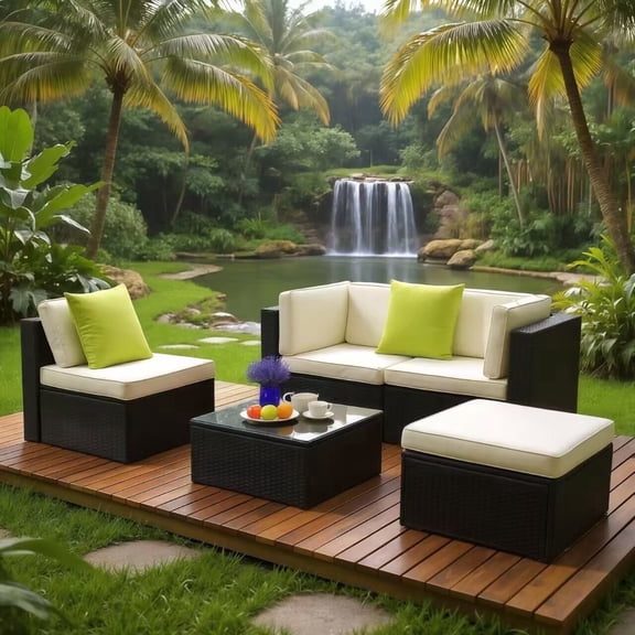 Junkai 5-Piece Patio Furniture Set Outdoor Sectional Sofa, PE Rattan Wicker Conversation Sets with Ottoman, Glass Coffee Table & Washable Cushions