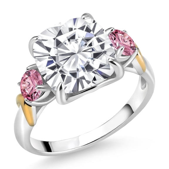 Gem Stone King 925 Silver and 10K Yellow Gold White Moissanite and Pink Lab Grown Diamond 3 Stone Ring for Women (5.50 Cttw, Gemstone Birthstone, Cushion 10MM, Round 4MM, Size 9)