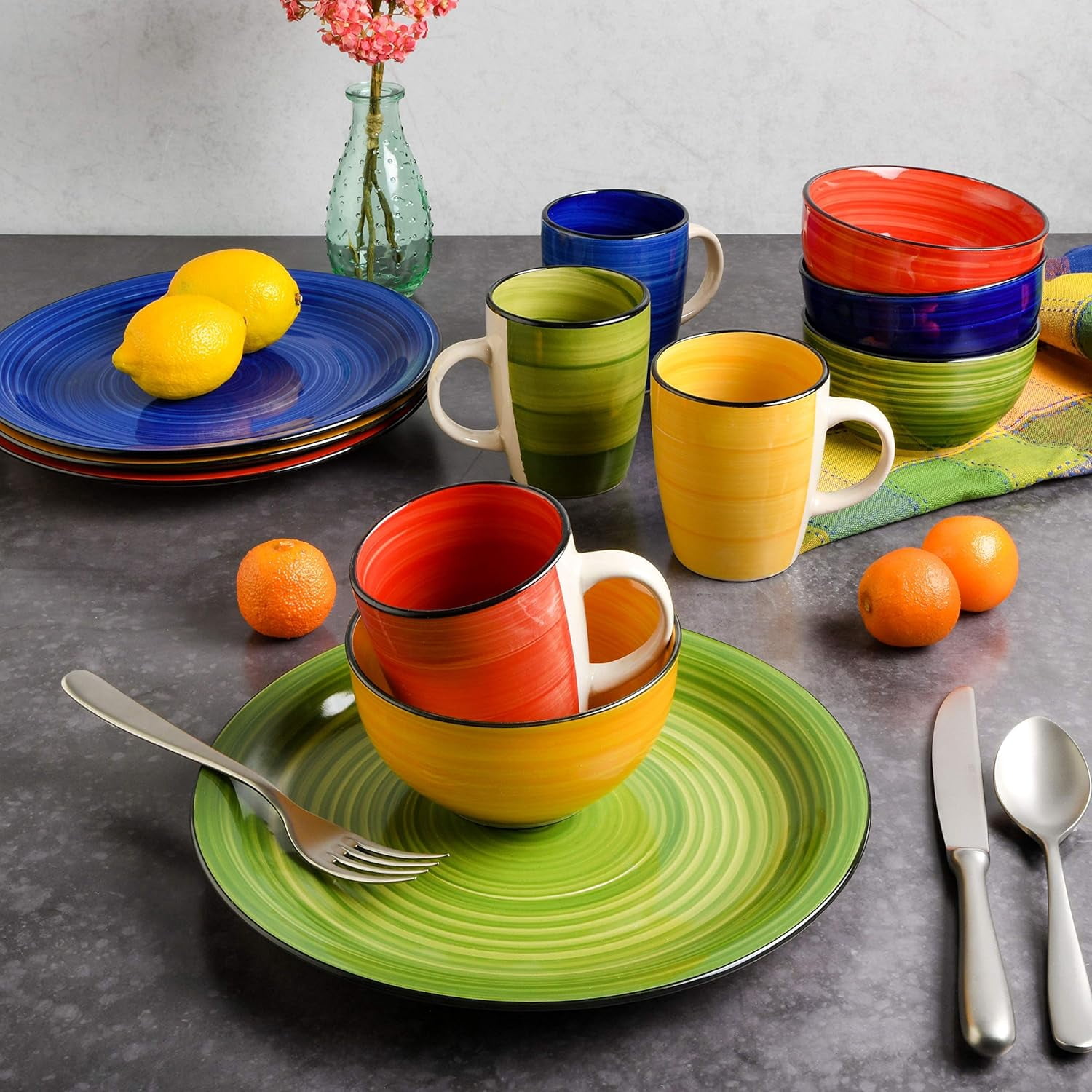 Gibson Home Color Vibes 12-Piece Hand-Painted Stoneware Dinnerware Set – Vibrant and Unique Tableware for Everyday Dining or Entertaining Guests