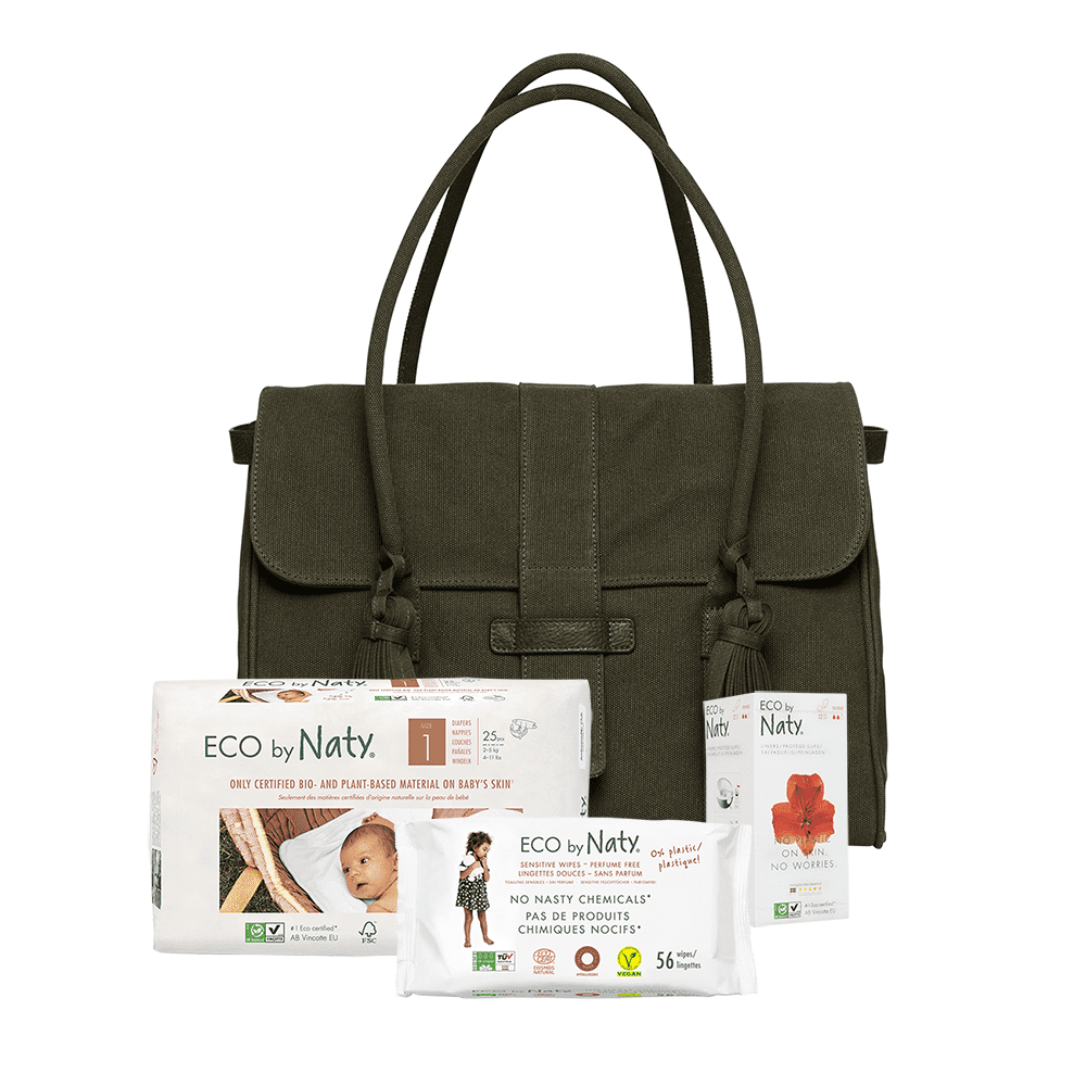 Made of GOTS certified organic cotton Magnetic closure includes diapers size 1 and Unscented wipes Eco by Naty Diaper Bag Green