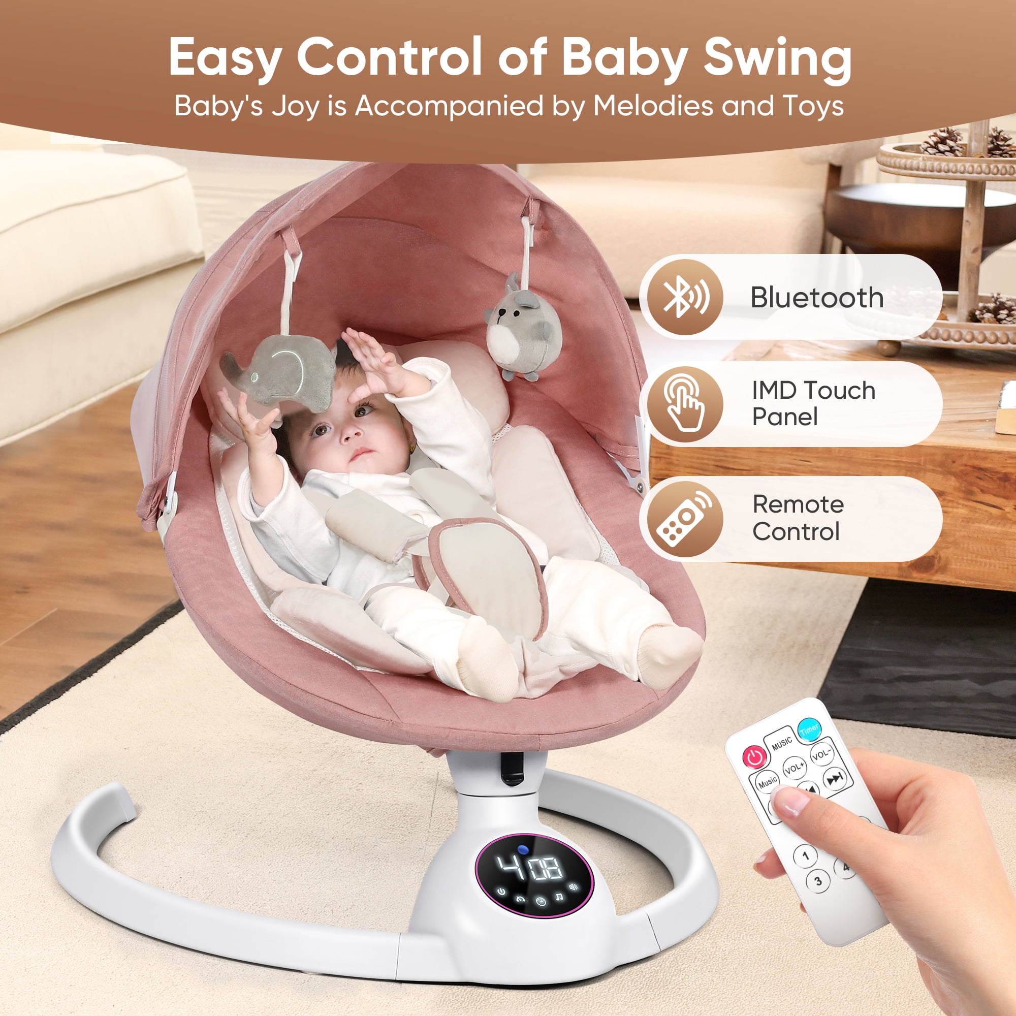 Babyeap Baby Swing for Infants,Bluetooth Control 5-point Harness Newborn Swing,5 Sway Speed,10 Lullabies(Pink)
