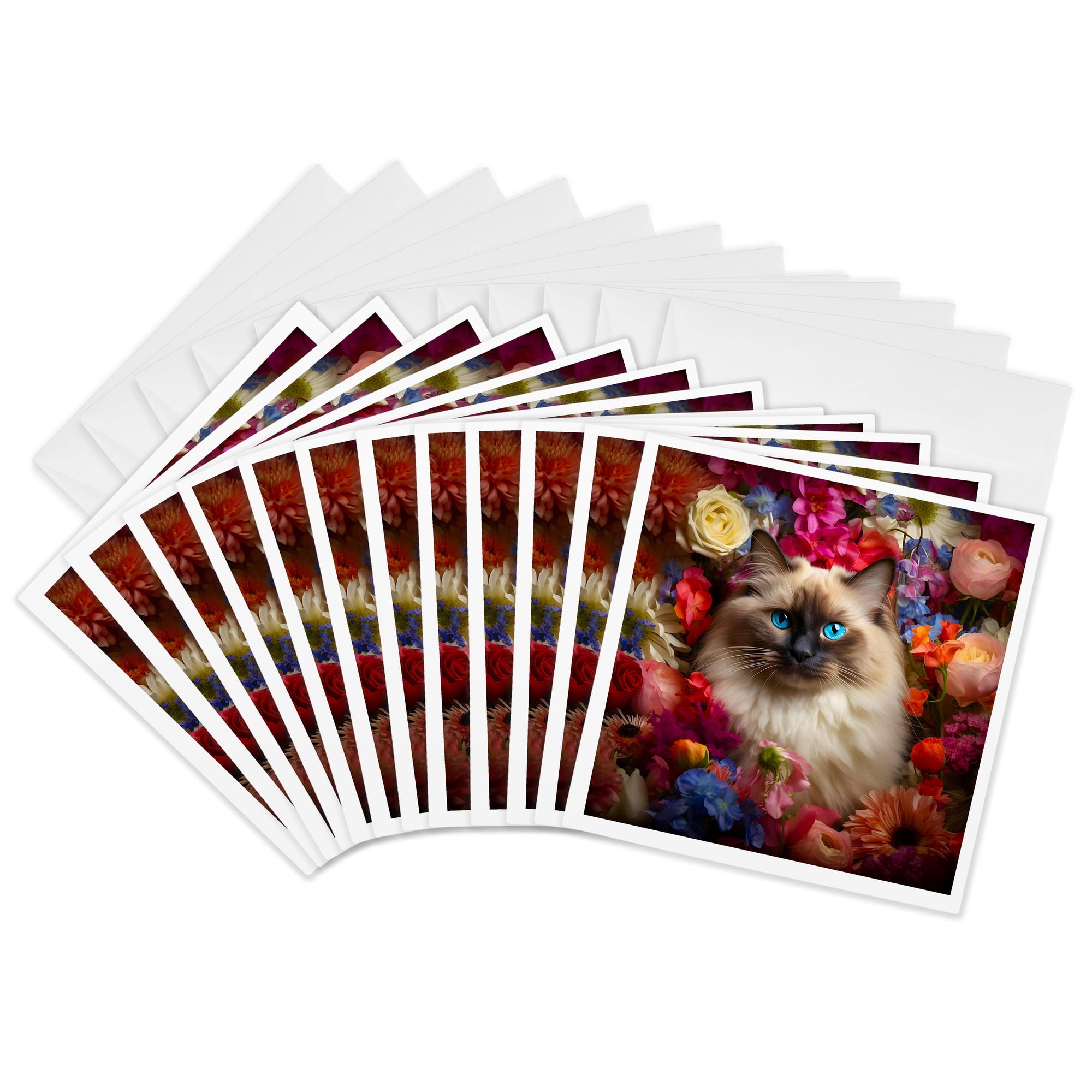 3drose Ragdoll Cat with Floral Background 12 Greeting Cards with Envelopes
