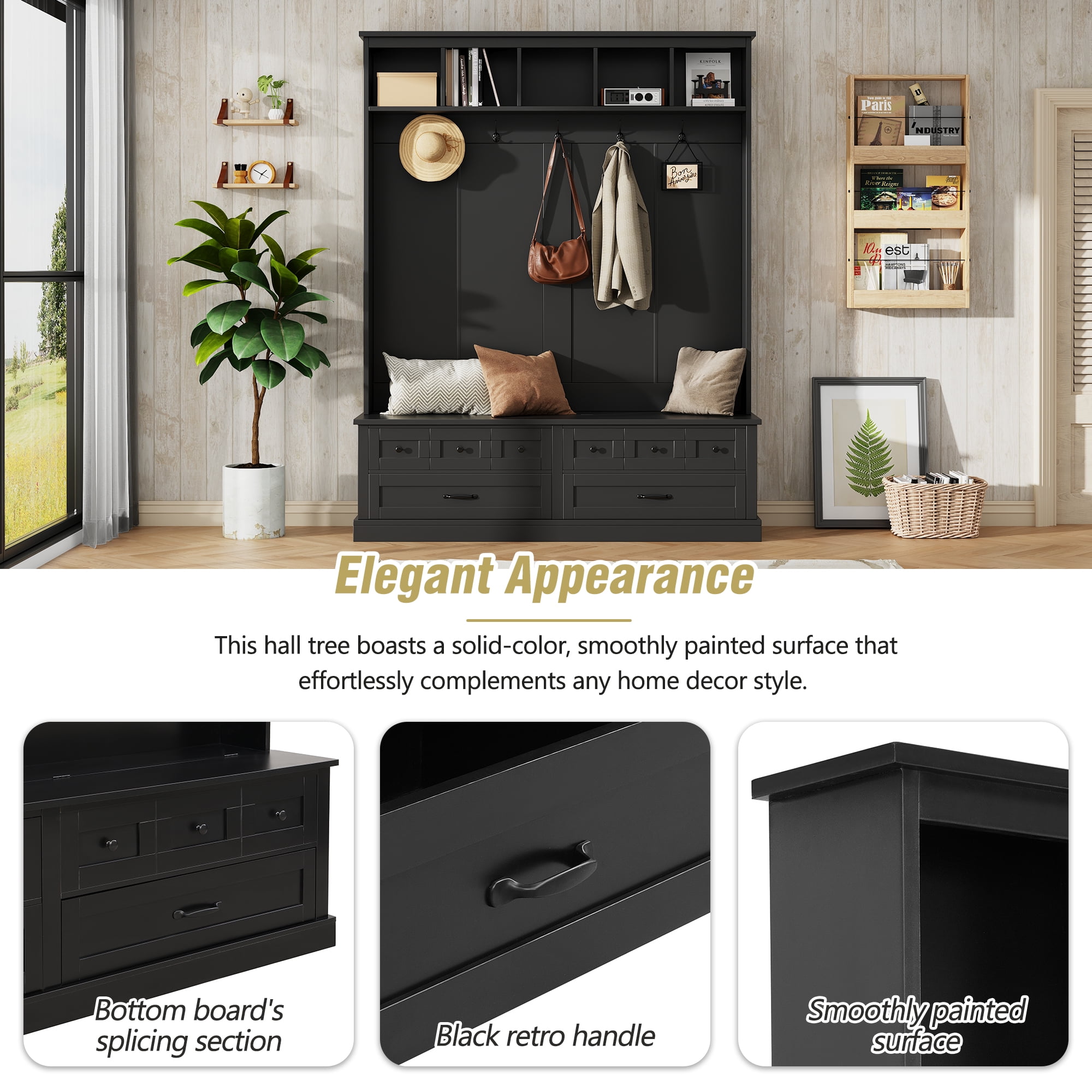 Euroco Elegant Wide Hall Tree with 5 Hooks, Lift-Top Storage Bench with 2 Drawers, Retro Wooden 3-in-1 Coat Rack with Black Handles for Entryway, Mudroom, Living Room