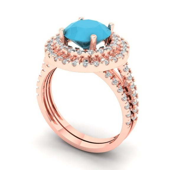 2.68 ct Brilliant Round Cut Turquoise 14K Rose Gold Halo Solitaire with Accents Engagement Bridal Wedding Ring Band Set size 6.25