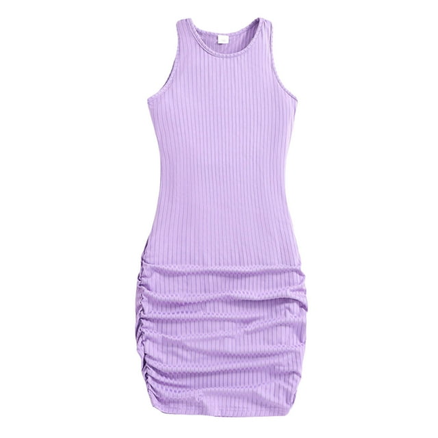 WEAIXIMIUNG Robes de Bal avec Manches Bouffantes Enfants Filles Été Sans Manches Couleur Unie Robe Décontractée pour Filles 10-12 Ans