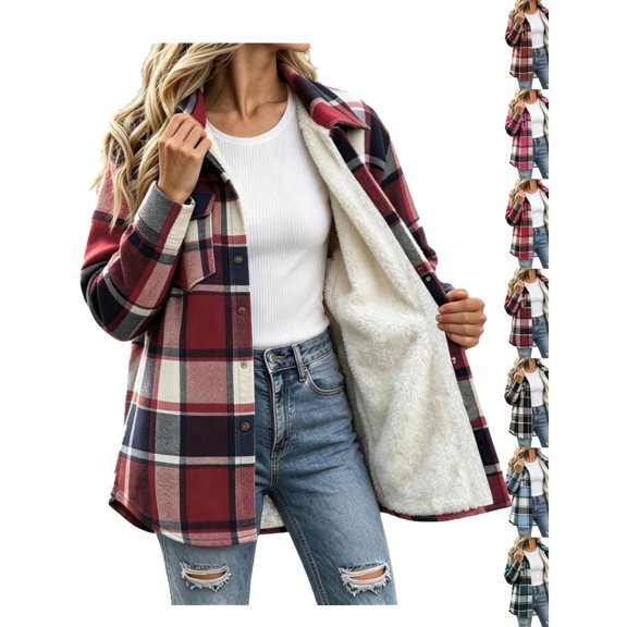 Fall and Winter Coats for Women Plus Size Fashion Casual Plaid Fleece Jacket With Composite Fleece Inside Button And Chest Pocket