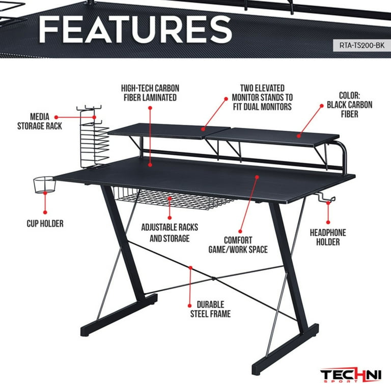 Techni Sport TS-200 Carbon Gaming Desk, Black, Headphone Holder