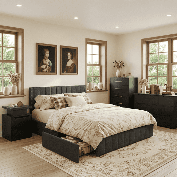 4 Pieces Bedroom Furniture Set, Includes Queen Bed Frame with 4 Under-Bed Drawers, Nightstand,Wide 7-Drawer Dresser and Tall 5-Drawer Dresser with Aiti-Toppling Device- Black