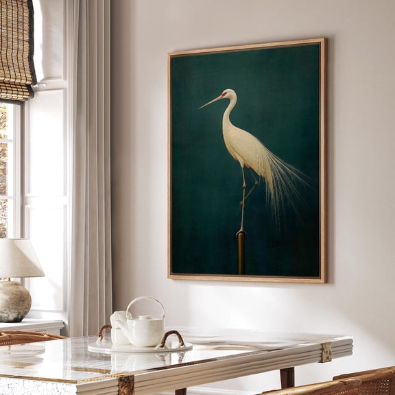 Japandi Crane Wall Art - Vintage Canvas Print, Minimalist White Bird on Dark Green Background, Nature Decor for Zen Living Room, 32x48 UNFRAMED