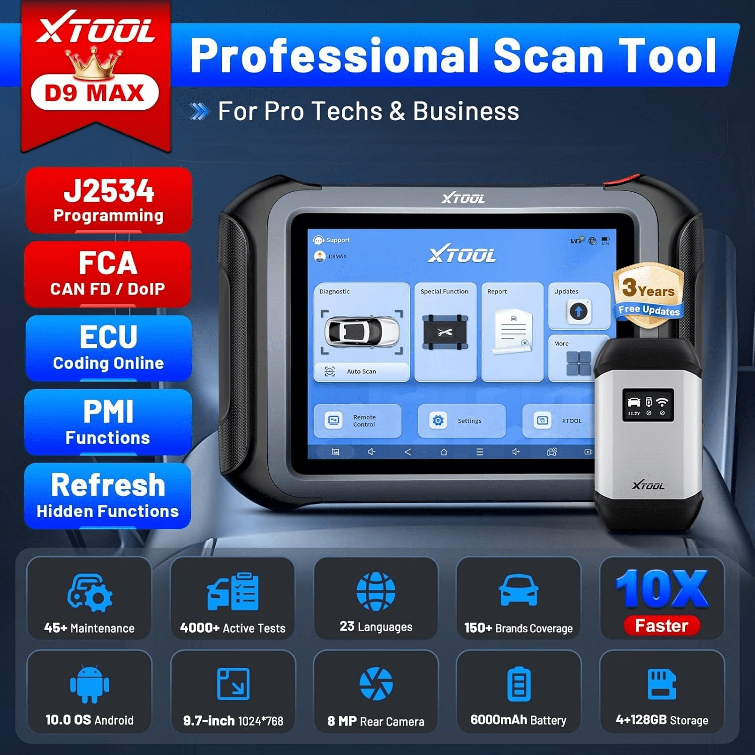 XTOOL D9 MAX Automotive Diagnostic Scanner, Bluetooth Full System Bi Directional Scan Tool, J2534 Repr0gramming Tool, Topology Mapping, 45+ Resets, with KC501 KS-1 SK1 M822 Key Fob Programmer Set