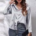 thumbnail image 5 of FRSASU Women Button Down Shirts long Sleeve imitation silk Basic Business Dress Shirt Slim Fitted Classic V Neck Button Up Work Blouse Tops Gray, 5 of 8
