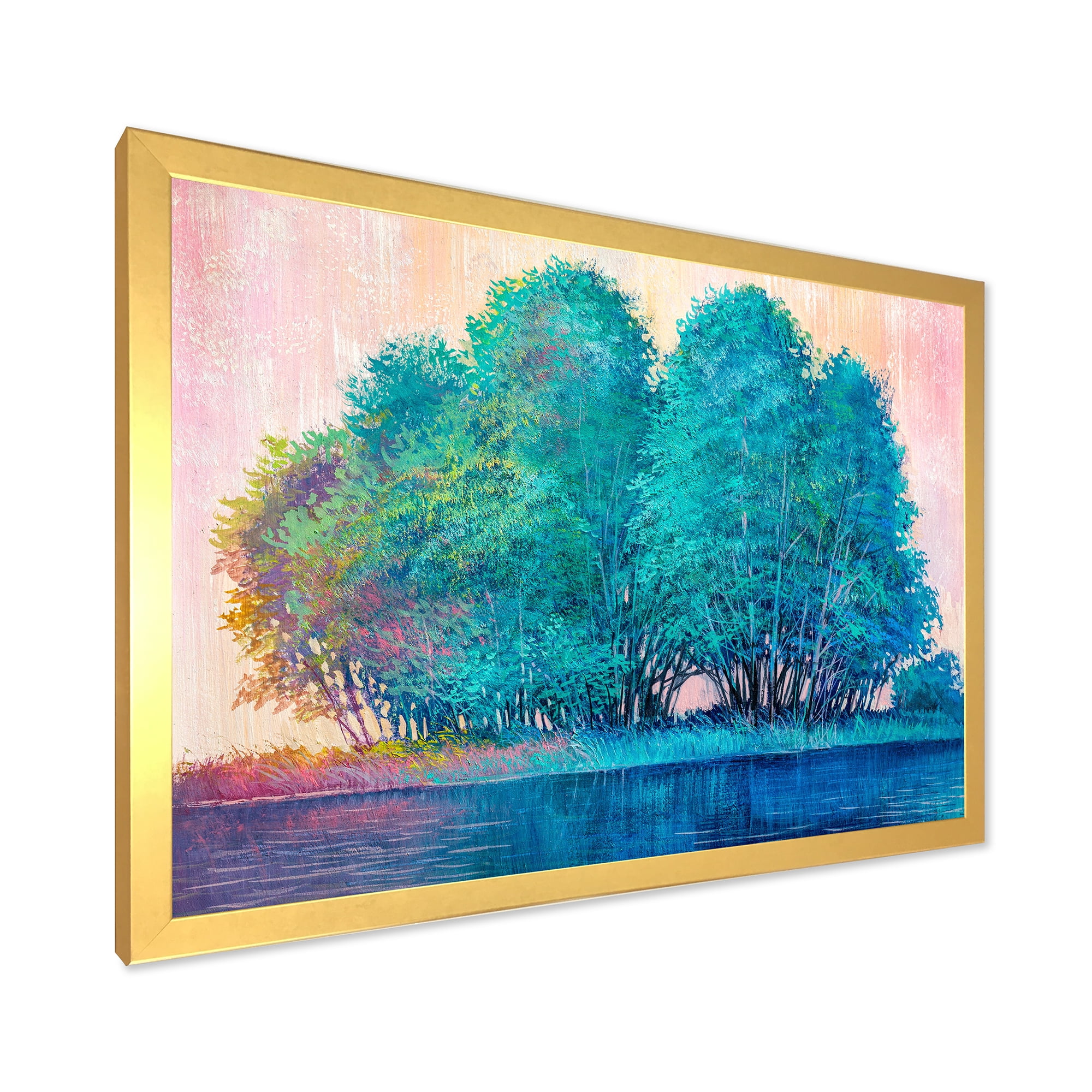 Designart 'Blue Coloured Tree Impression By Lakeside' Lake House Framed Art Print