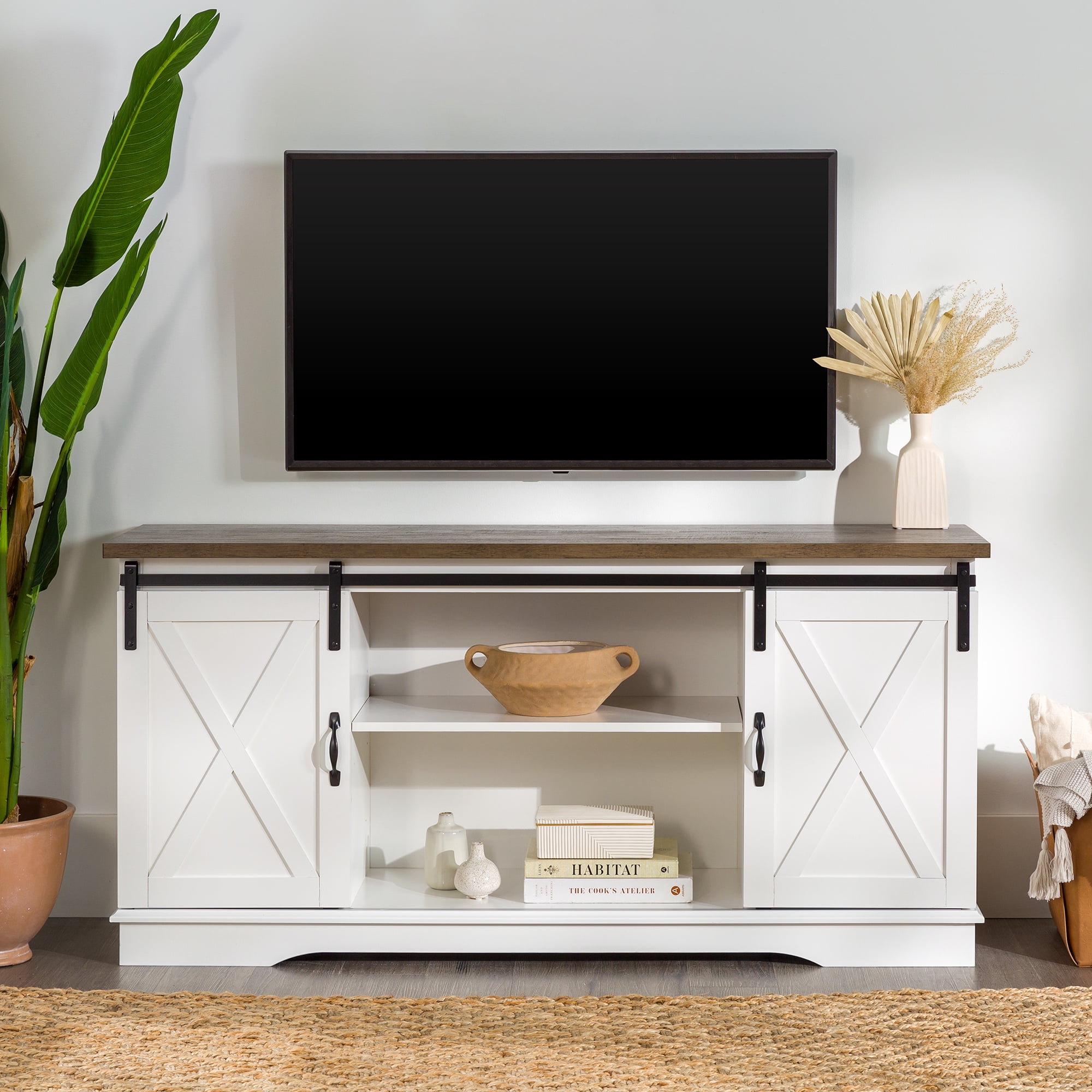 Walker Edison Farmhouse Sliding Barn Door TV Stand for TVs up to 65", White/Reclaimed Barnwood