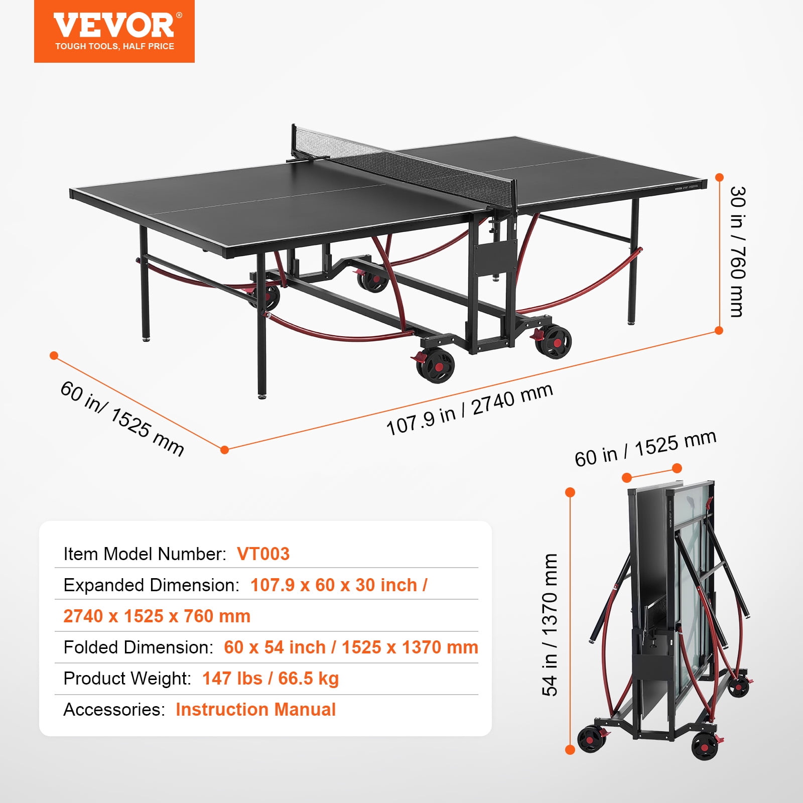 VEVOR Ping Pong Table,Professional Table Tennis Game, Indoor/Outdoor All Weather Aluminum Table Tennis Table,Portable Foldable Table with Quick Clamp Net & Large Lockable Wheels