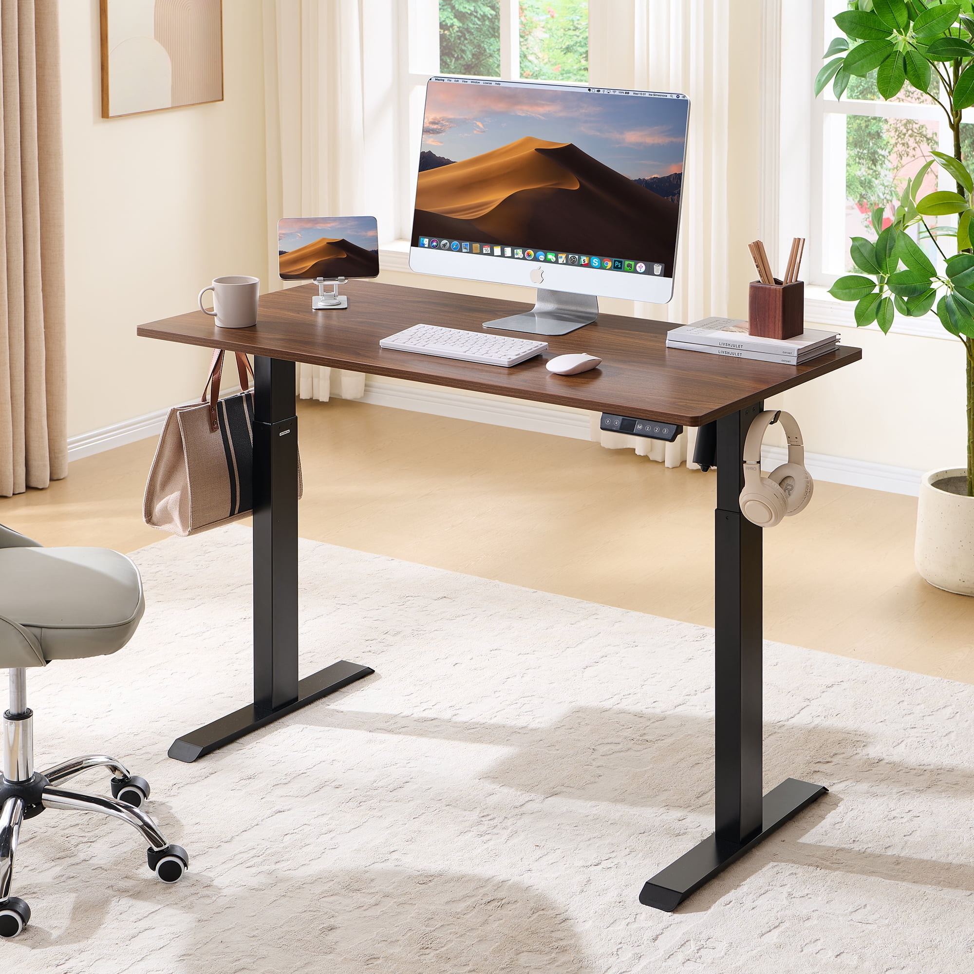 Electric Standing Desk, Adjustable Height Stand up Desk, 24x48 Inches Sit Stand Home Office Desk, Black Frame/Mahogany Top