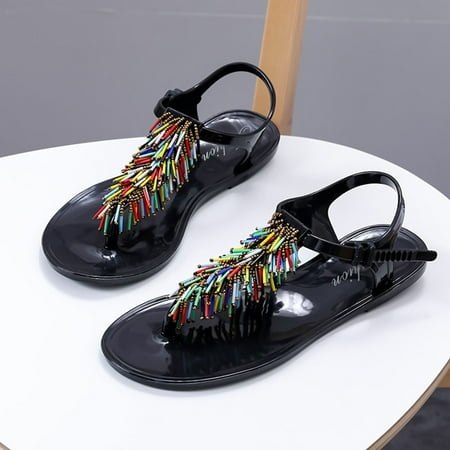 

Mackneog With Flip Beaded Solid Color Sandals Flat Comfortable Spring Flops And Summer Women s Women s Sandals Gift on Clearance