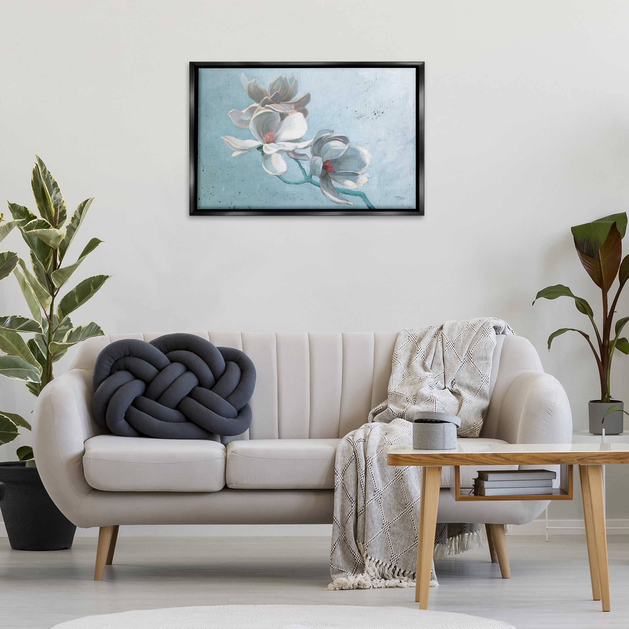 Stupell Industries Magnolia Branch on Blue Botanical & Floral Painting Black Floater Framed Art Print Wall Art, 31 x 21