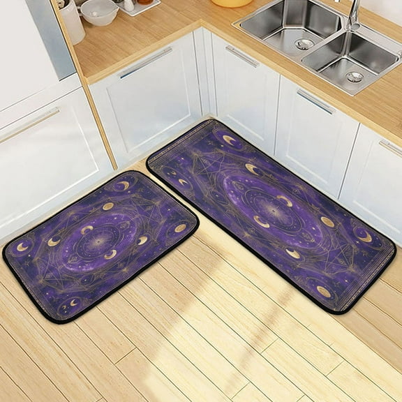 Kitchen Rug Set 2 Pieces Non Slip Kitchen Mat for Kitchen Home Floor Sink 47"x19" 27"x19" Purple Celestial Pattern
