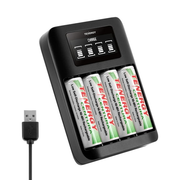 Tenergy TN474U Battery Charger with Centura AA Rechargeable Batteries, 4 Pack