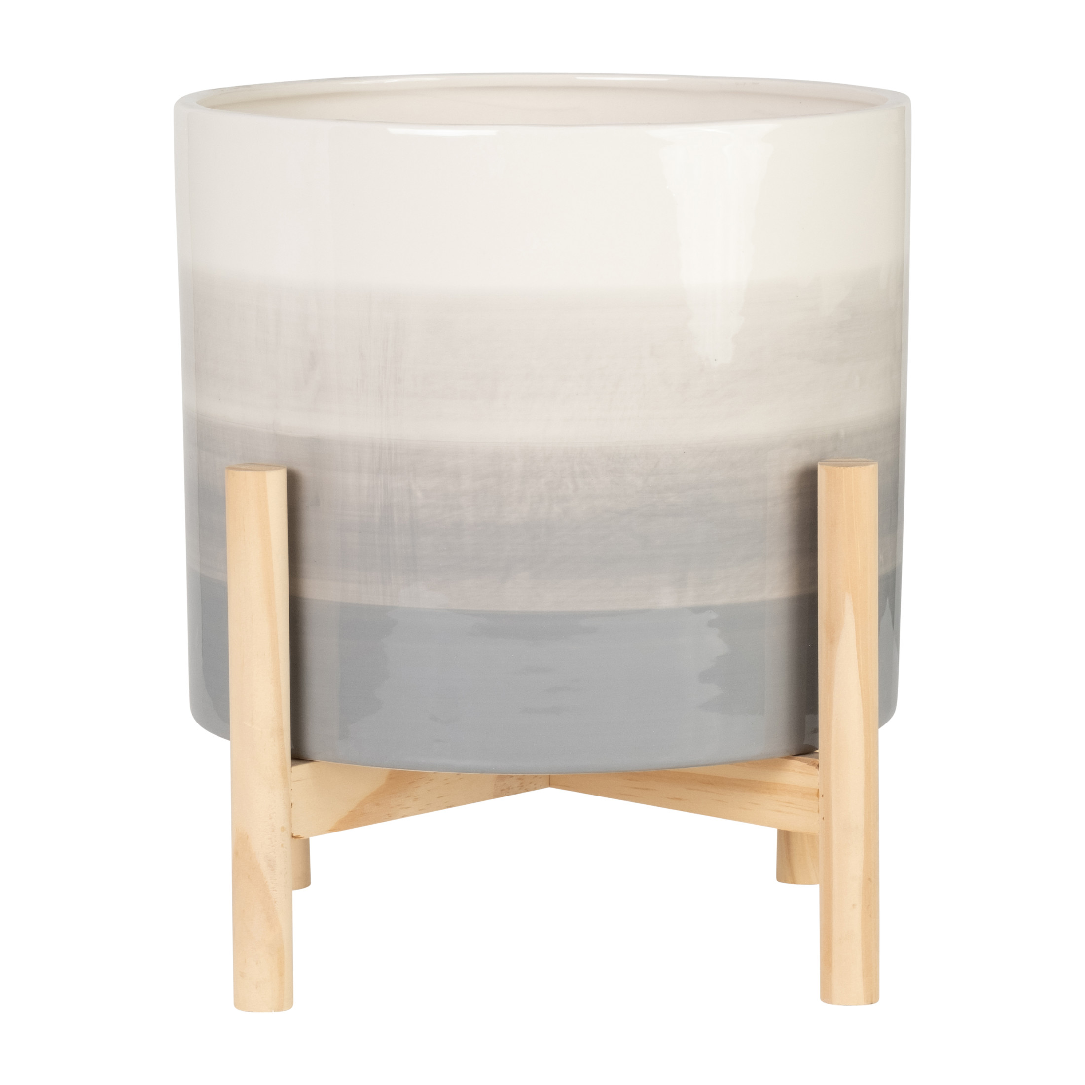 Round Flower Pots with Wood Legs for Home Decor - Ceramic Plant Pot for Indoor and Outdoor Plants - Modern Garden Style for Entryway and Hallway Styling - 14", Beige