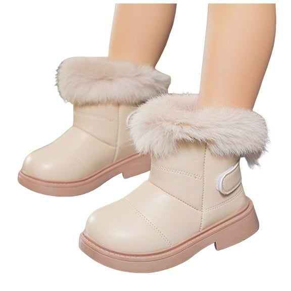 Toddler Girls Fluffy Snow Boots Kids Slip On Warm Winter Boots Waterproof Wide Width PU Leather Non Slip Ankle Booties Beige Size 8.5 Toddler