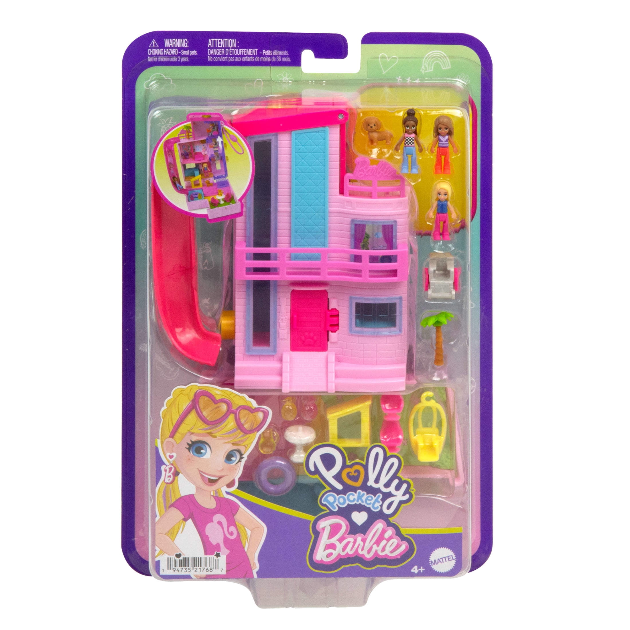 Polly Pocket Barbie Dreamhouse Compact, Dollhouse Playset with 3 Micro Dolls, 1 Pet & 11 Accessories