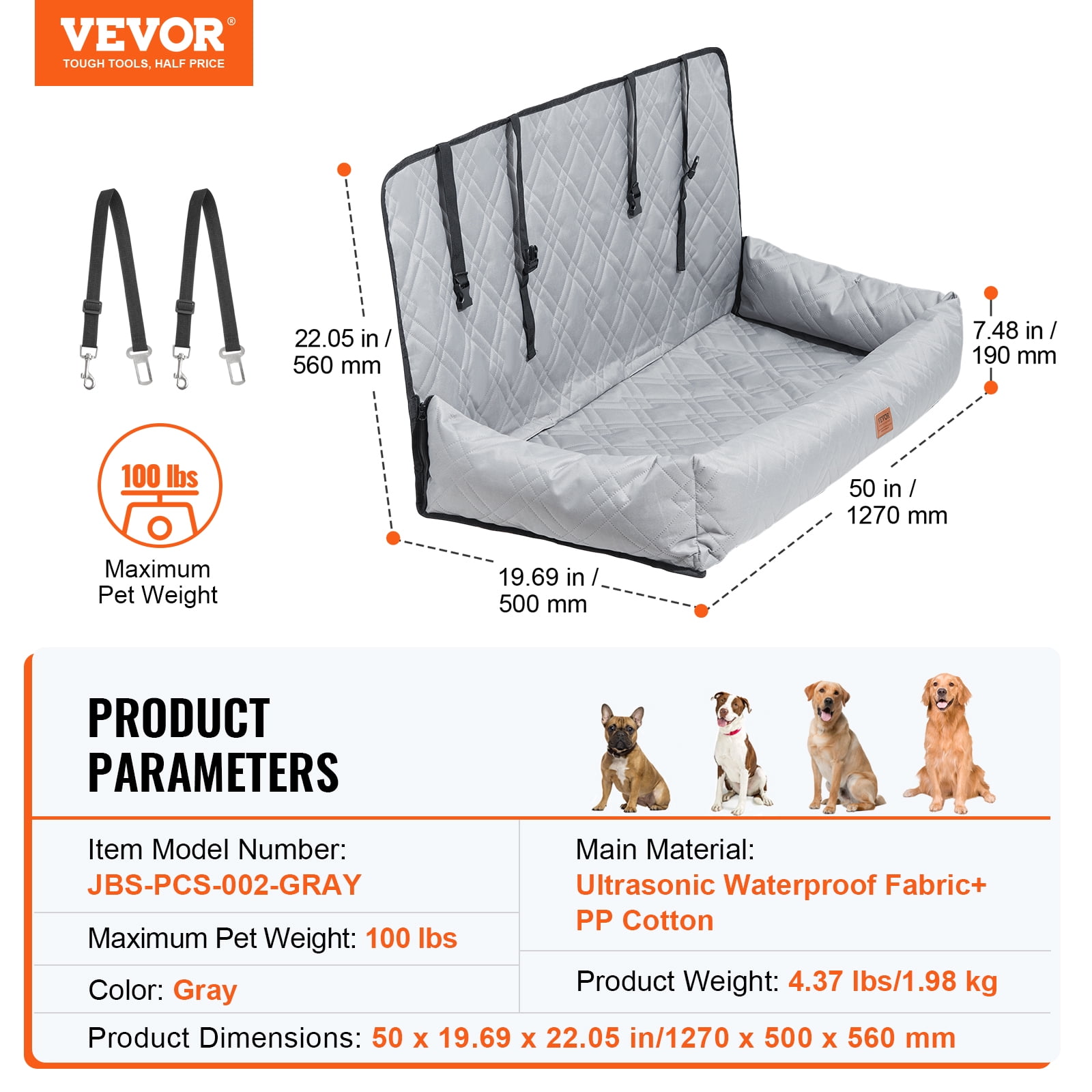 VEVOR Dog Car Seat, Waterproof Dog Booster Seat for Car, Pet Car Seat with Clip-On Safety Leash, PP Cotton Filling, Dog Car Bed for Medium & Large Dog up to 100 lbs, Gray