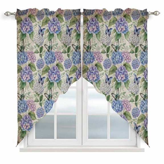 Swag Valance Curtains for Windows, Purple Hydrangea Light Filtering Kitchen Curtains with Rod Pocket, Spring Floral Elegant Pastoral Vintage Window Treatment Valances for Living Room, 28x36 - 2 PCS