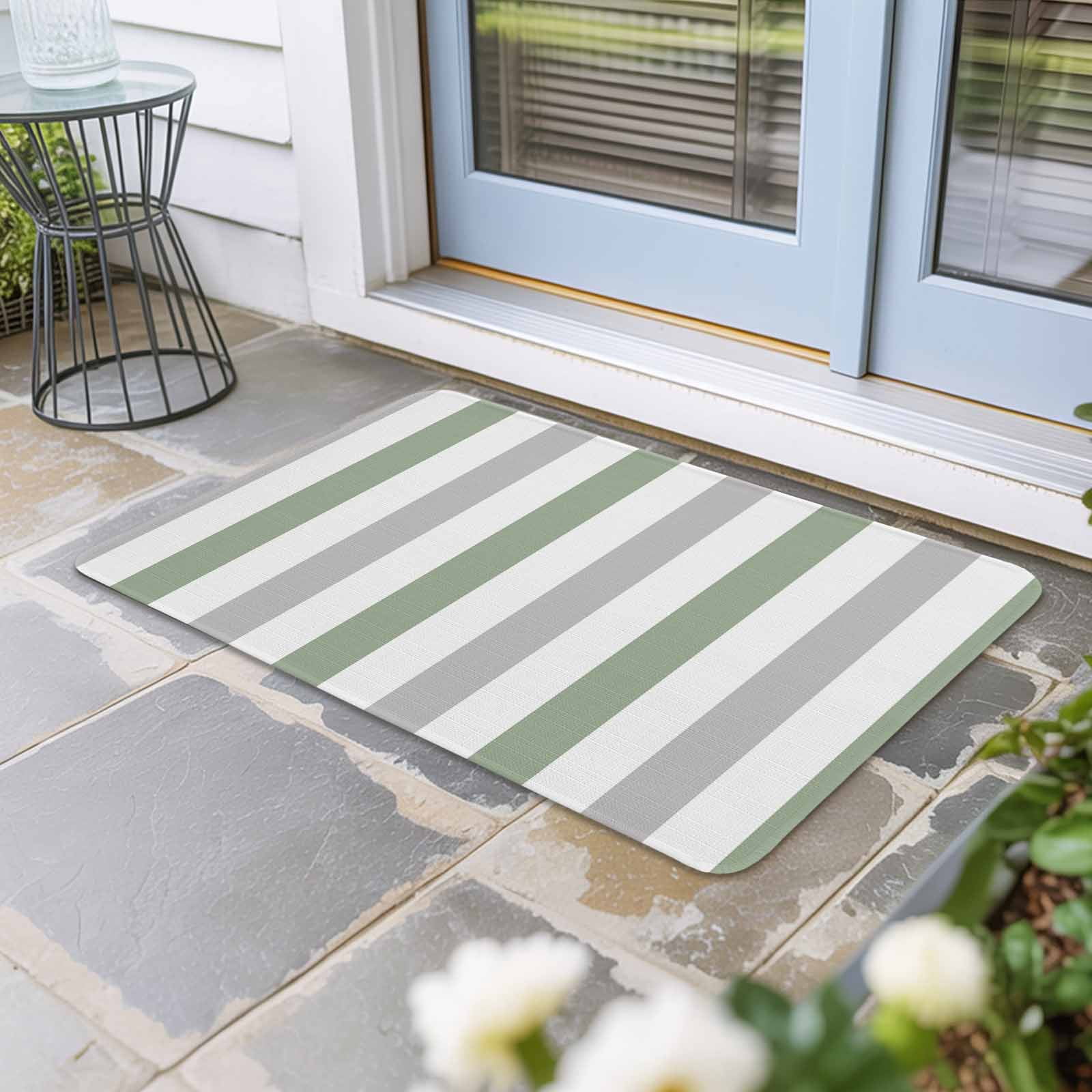 Sage Green Grey Stripe Doormat Outdoor Entrance 24"x36", Modern Farmhouse Vertical Striped Absorb Moisture Dirt Door Mats, Non-Slip Rubber Backing Floor Mats Indoor, Low-Profile Front Door Rugs