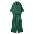thumbnail image 7 of Costeam Womens Textured Woven Two Piece Outfit Lapel Collar 3 Quarter Sleeve Pocket Top And Elastic Waist Wide Leg Pants Loose Fit Solid Color Casual Co Ord Set, 7 of 7