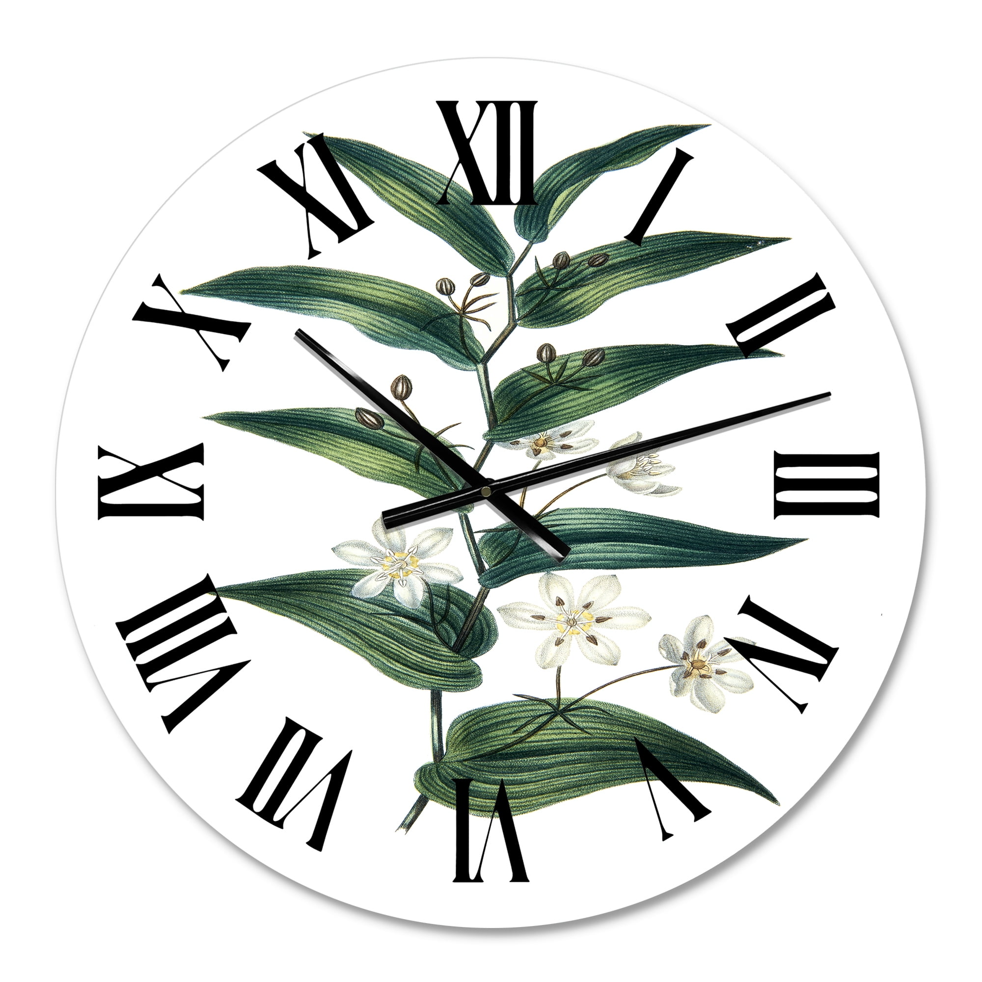 Designart 'Vintage Plant With Little White Flowers' Farmhouse Wall Clock