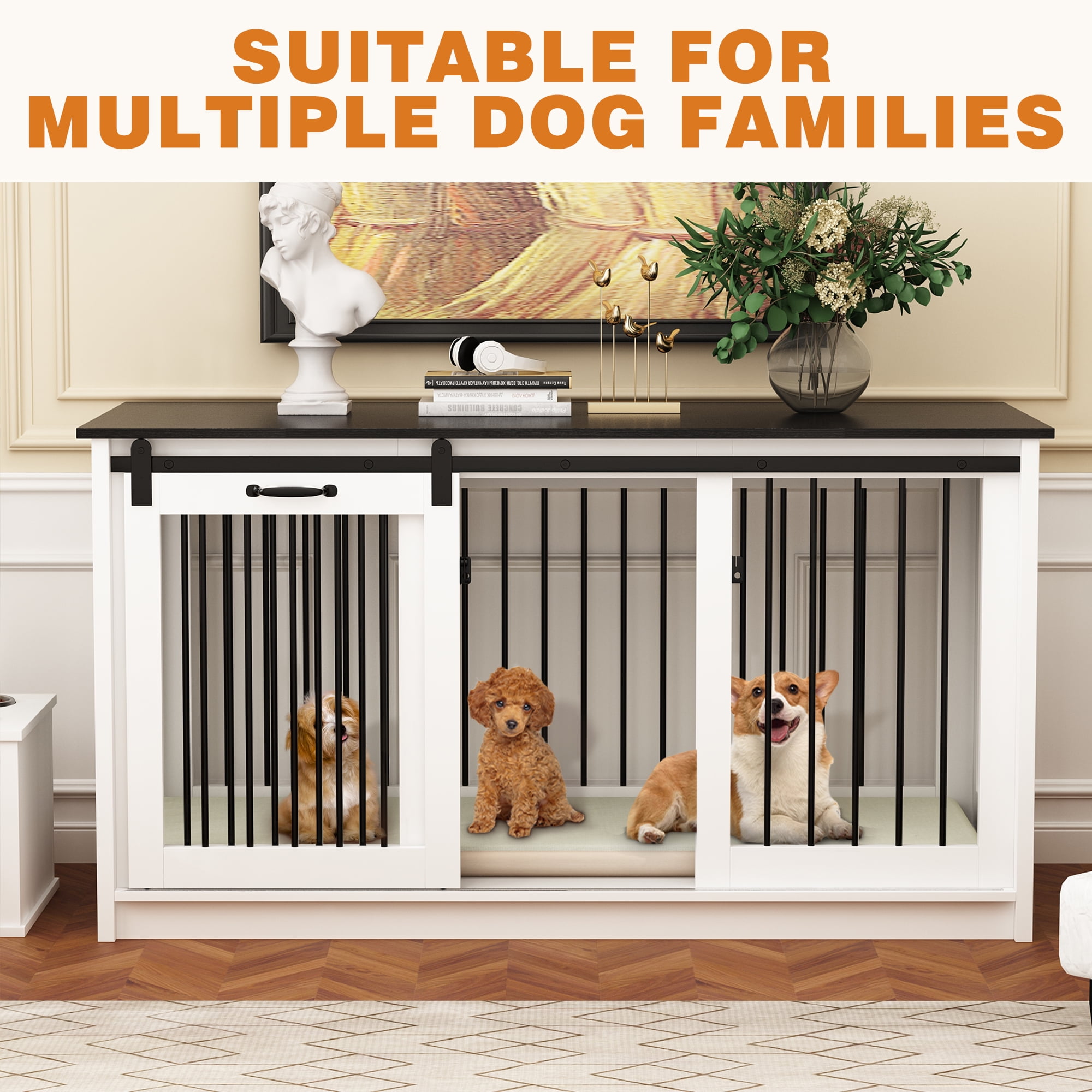 NARTRU 55.1" Dog Crate Kennel Cage Furniture with Sliding Door for Small, Medium and Large Dog, White