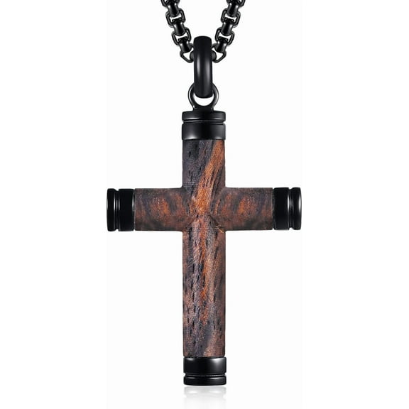 Wooden Cross Necklace for Men-Hawaiian Real Handmade Ebony Wood Cross Pendant Necklace Stainless Steel Chain, Mens Brown Cross Necklaces Koa Wood Jewelry Christian Baptism Crucifix Pendant for Men