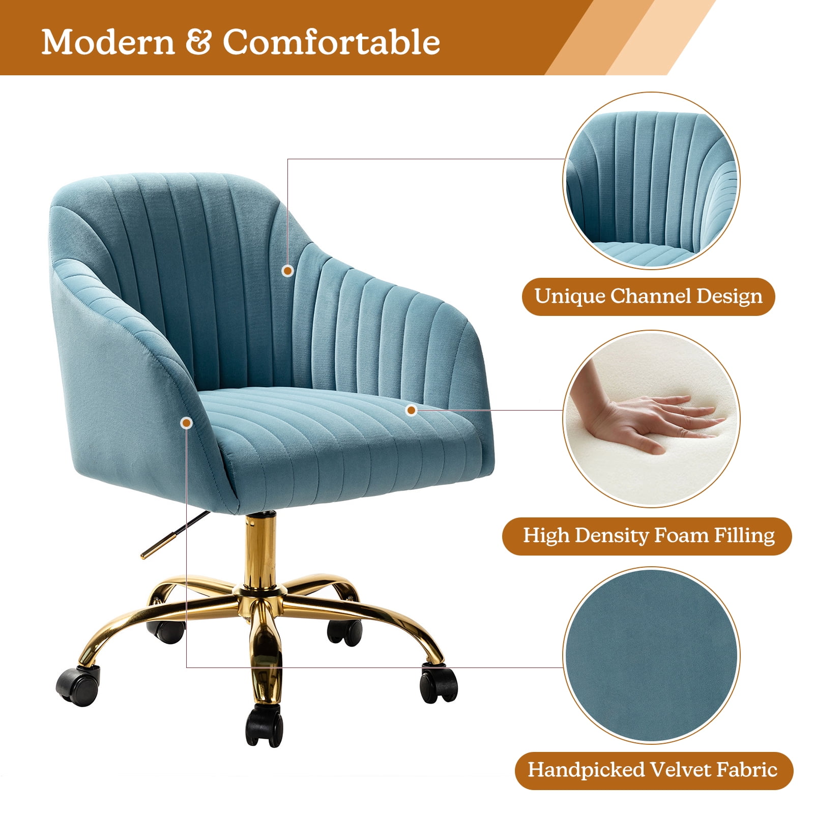 Velvet Office Desk Chair Makeup Vanity Table Chairs Adjustable Armchair Gold Legs Blue