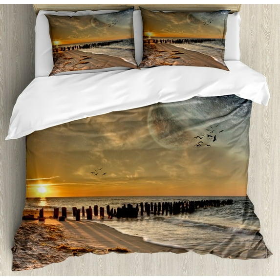 Space Duvet Cover Set, Solar Eclipse on Beach Ocean with Horizon Sun Moon Globe Gulls Flying View, Decorative 3 Piece Bedding Set with 2 Pillow Shams, King Size, Cream Orange, by Ambesonne