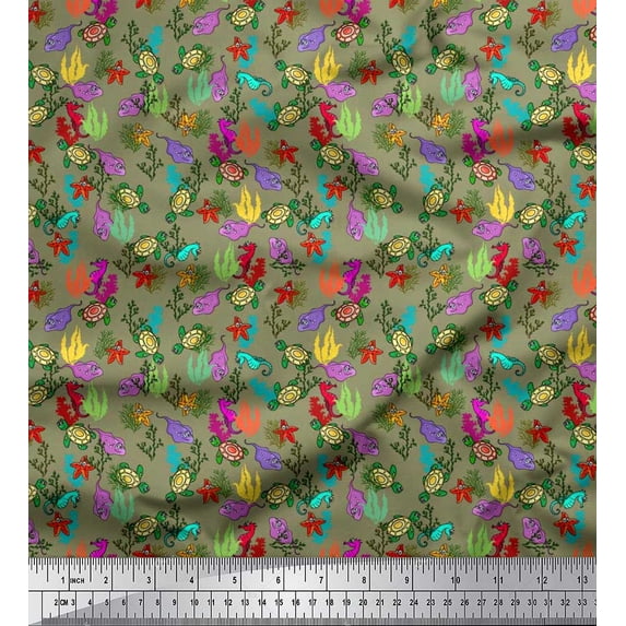 Soimoi Rayon Fabric Coral,Starfish & Turtle Ocean Printed Craft Fabric by The Yard 42 Inch Wide