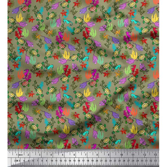 Soimoi Cotton Voile Fabric Coral,Starfish & Turtle Ocean Printed Fabric 1 Yard 42 Inch Wide