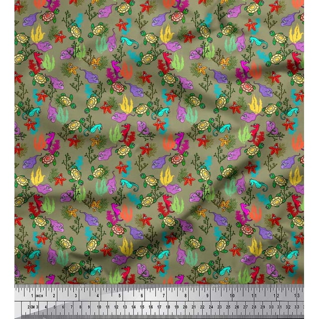 Soimoi Poly Georgette Fabric Coral,Starfish & Turtle Ocean Decor Fabric Printed Yard 52 Inch Wide