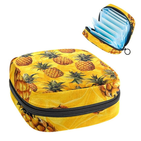 Sanitary Napkin Storage Bag for Girls Women, Portable First Period Pads Bag Tampons Holder Girls Travel Makeup Bag, Large Capacity Pineapple Seamless Pattern