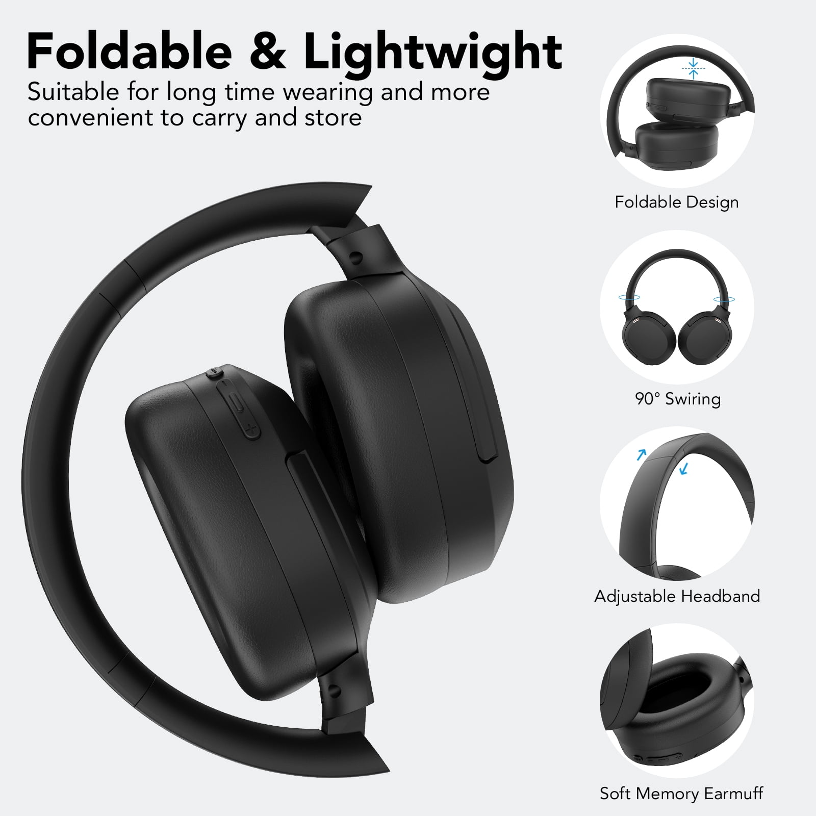 Active Noise Cancelling Headphones, -45dB Bluetooth Headphones 5.4, Bass Boosted by 85%, 60H Playtime Earbuds, Clear Call with 4 Mics, Comfort Fit Over Ear Headphones for Travel Office Matte Black