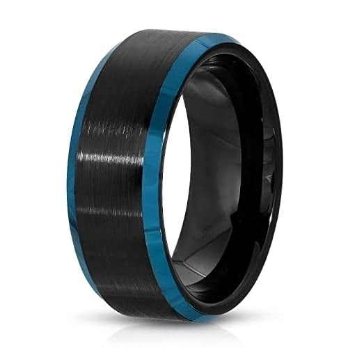 Blue Tungsten Wedding Ring,Black Tungsten Ring,8mm Wedding Ring,Tungsten Carbide Ring,Brush Ring,Beveled Edges,Comfort