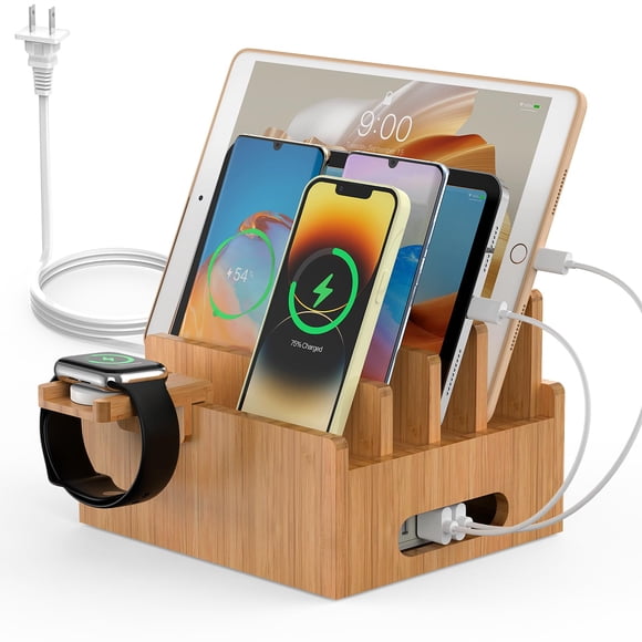 Pezin & Hulin Stations de Charge en Bambou, Organisateur de Cellulaire pour Plusieurs Appareils, Tablettes, Montre Intelligente, Chargeur USB 5 Ports Inclus, Lot de 5 Câbles