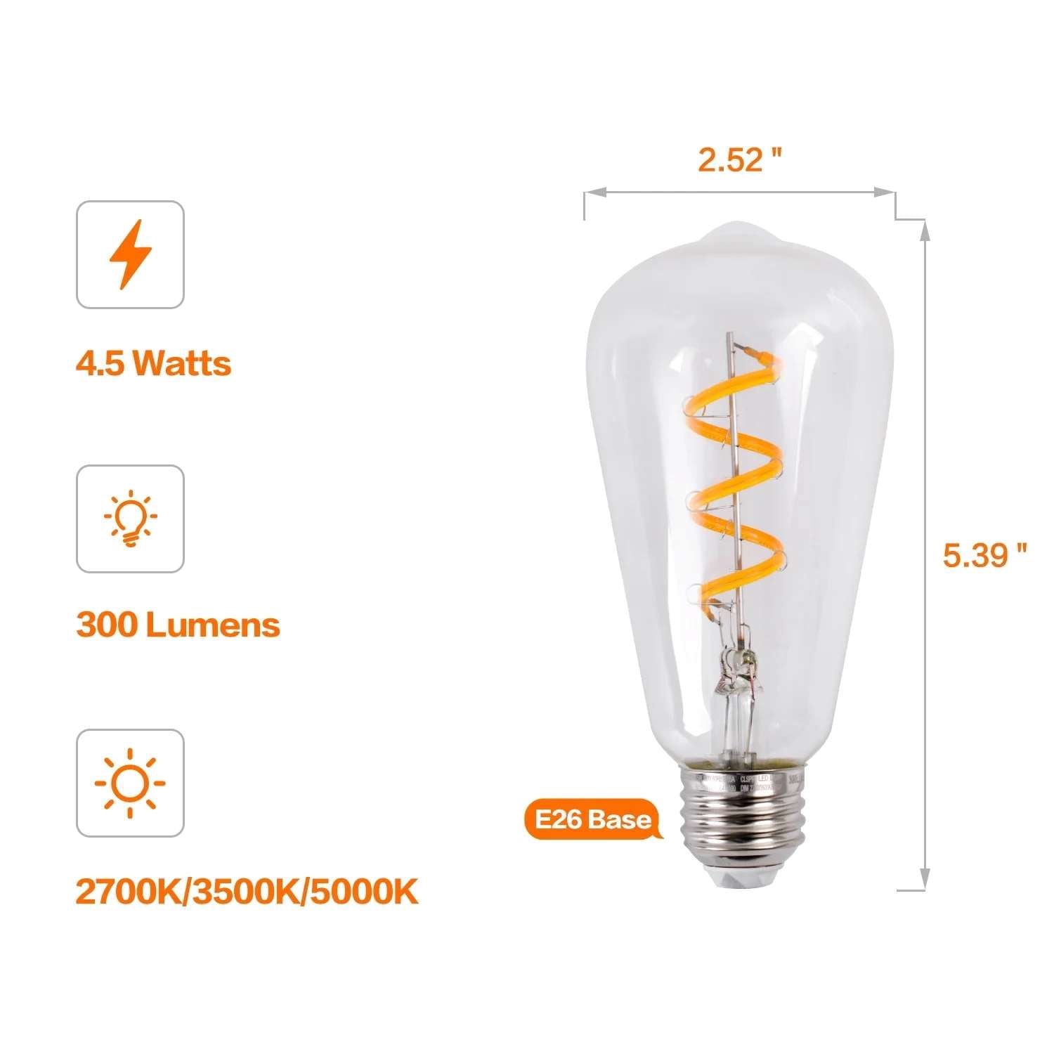 Better Homes & Gardens ST19 Vintage LED Edison Light Bulbs, 4.5W (40W Equivalent), E26 Medium Base, Dimmable, 3CCT Selectable (2700K/3300K/5000K), Clear Spiral Filament, 2 Pack
