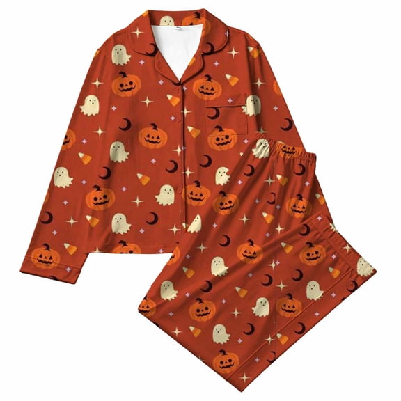 XAOFW Halloween Girls Pajamas Sets Long Sleeve Lapel Cartoon Print Shirts And Pants Two Piece Sleepwear Loungewear Sets Comfortable Nightwear 3-4 Years