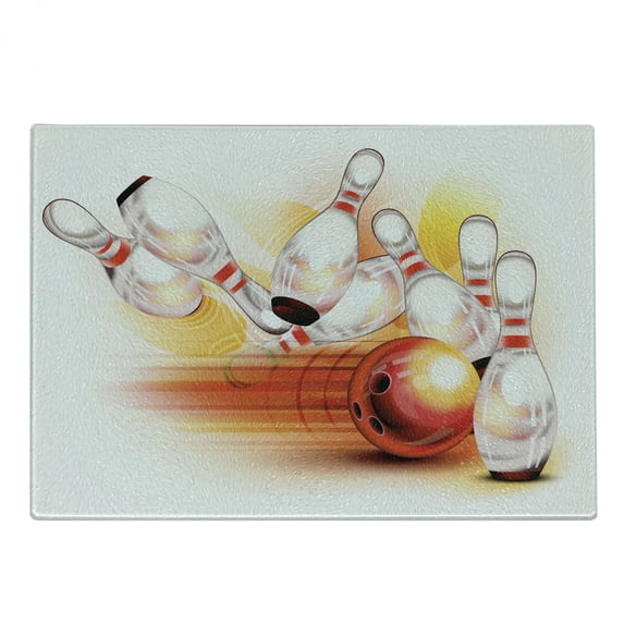 Bowling Party Cutting Board, Red Ball and the Falling Skittles Hit Speed Movement Throw and Strike, Decorative Tempered Glass Cutting and Serving Board, Small Size, Red Yellow White, by Ambesonne