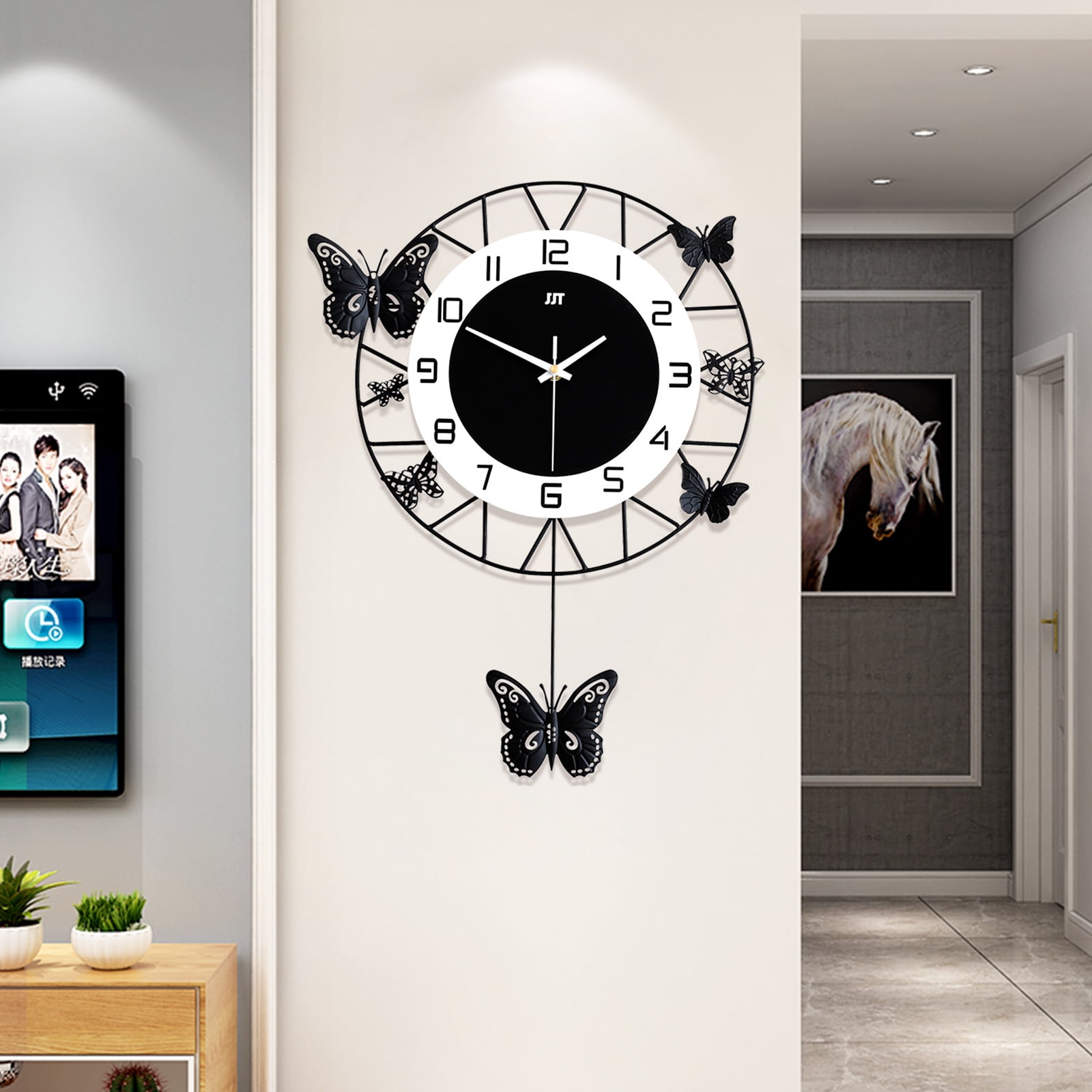 Dwellnix Decorative Butterfly Clock for Living Room, Bedroom, Office, Iron Frame with Silent Sweep Movement, Large 20-Inch Wall Clock