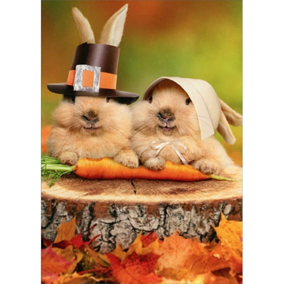 Avanti Press 2 Pilgrim Rabbits on Tree Stump Thanksgiving Card