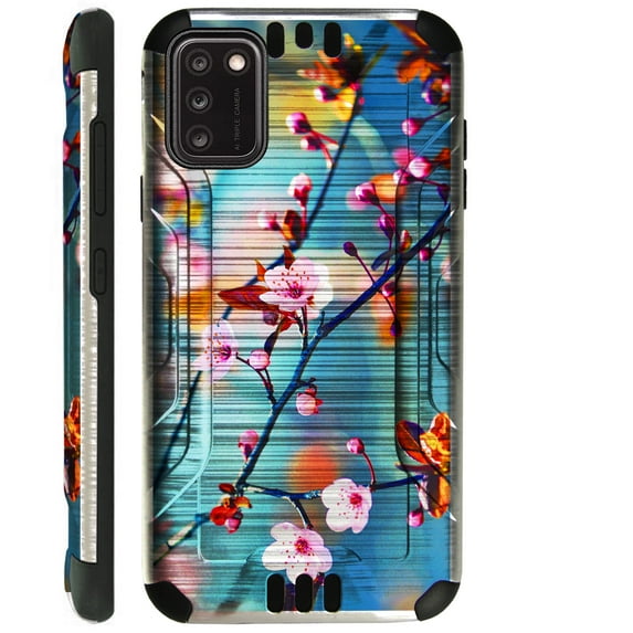 Compatible with TCL A3X Brushed Metal Texture Hybrid Silver Guard Phone Case Cover (Sakura Flower)