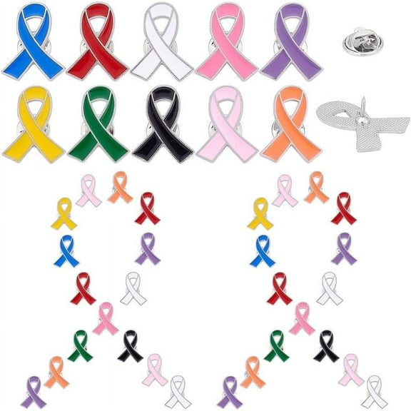 50Pcs Awareness Ribbon Pin 10 Colors Cancer Awareness Lapel Pin Ribbon Awareness Brooch Jewelry Brooch Pin for Public Charity Fundraiser Supplies